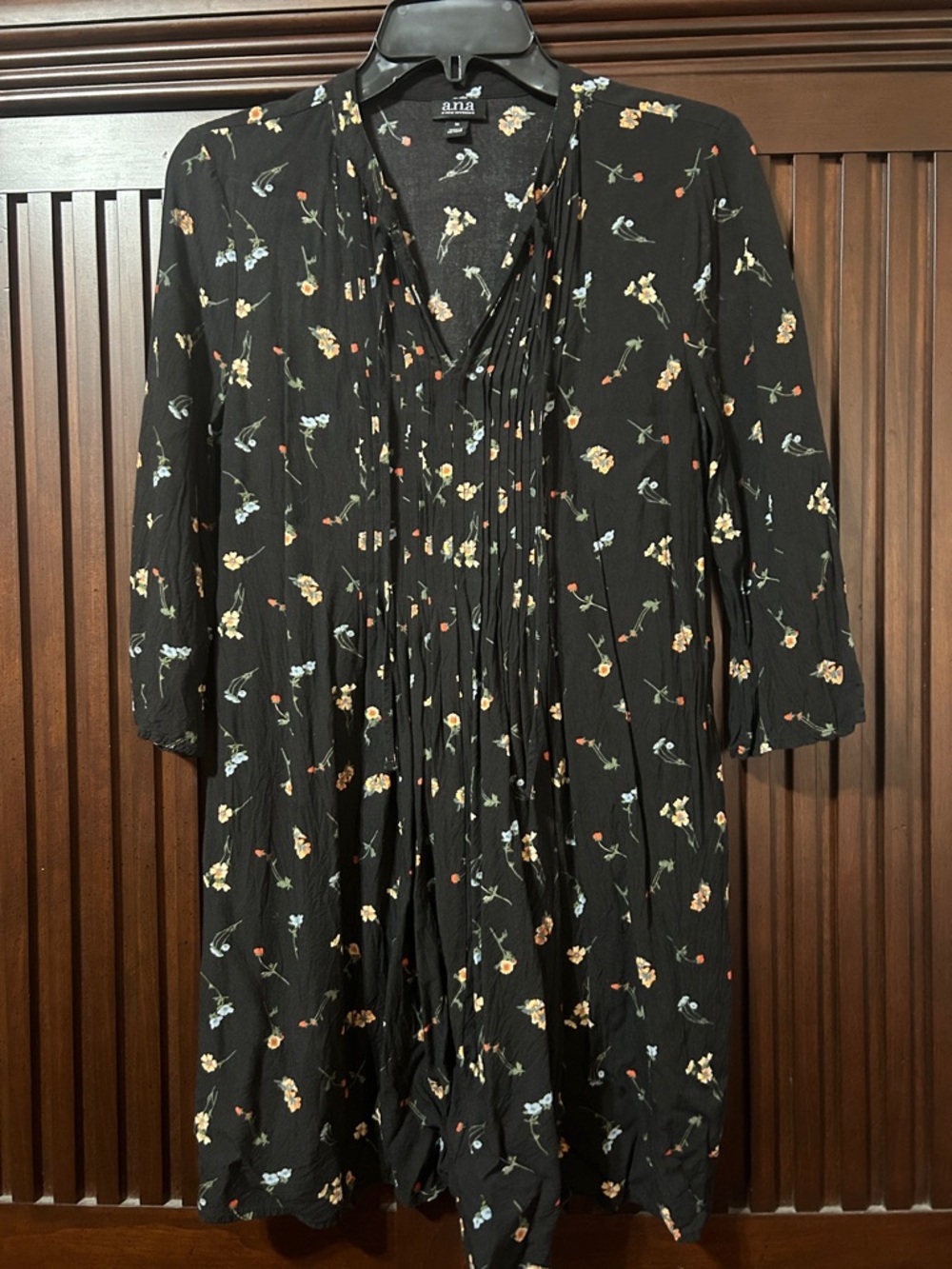 Anna Black Floral Long-Sleeve Pleated Tunic Dress